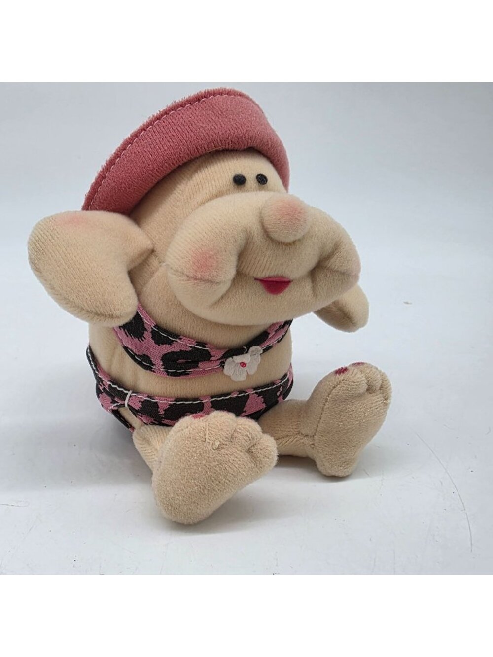 Vintage Applause Pucker People Plush Doll Hat & Leopard Swimsuit Stuffed Animal